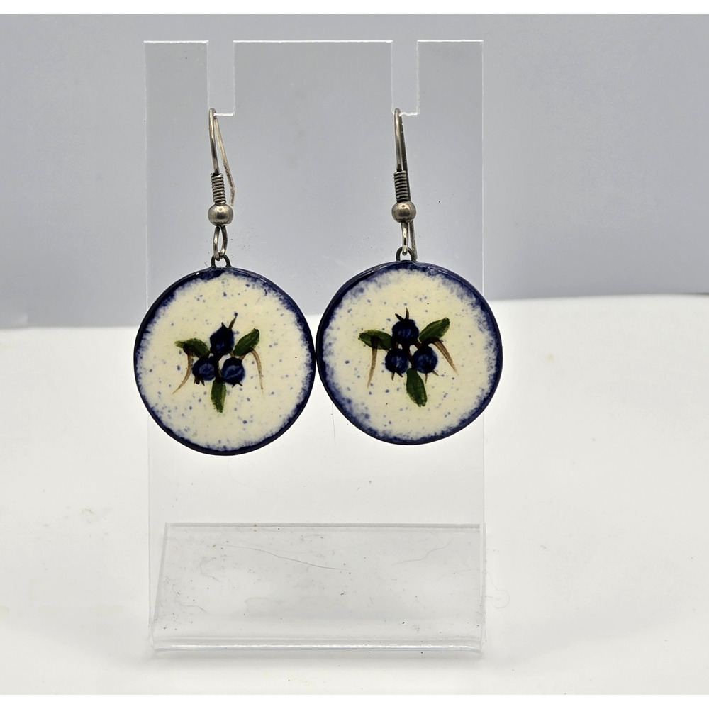 Artisan Hand Painted Blueberries Ceramic Dangle Earrings Cottagecore Boho Fruit